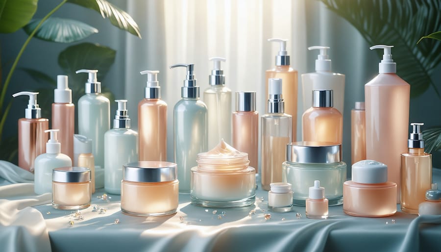 Collection of elegant, glowing skincare products signifying personalized routines for radiant skin.