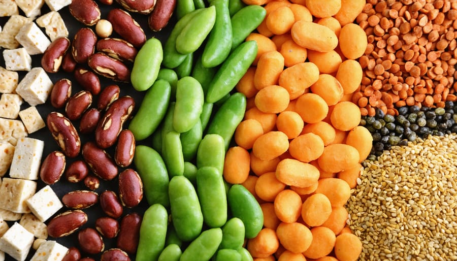 Variety of plant-based protein foods on a wooden table