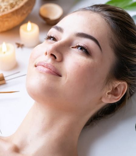 A radiant woman glowing with vitality amidst elements symbolizing holistic skincare, including organic botanicals, acupuncture needles, LED light therapy, and natural oils.