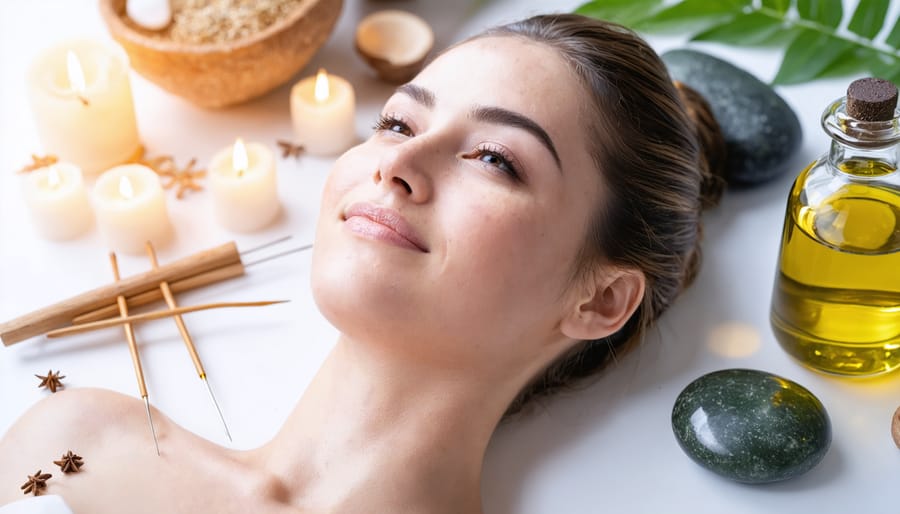 A radiant woman glowing with vitality amidst elements symbolizing holistic skincare, including organic botanicals, acupuncture needles, LED light therapy, and natural oils.