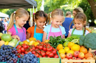 Kindergarten children participating in a Rainbow Food Scavenger Hunt, exploring a vibrant display of colorful fruits and vegetables at a farmers market, guided by an educator.