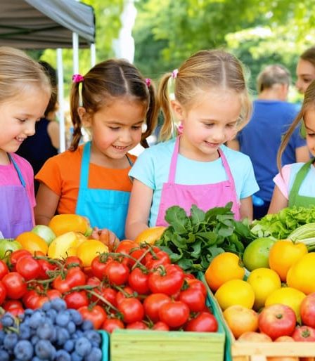 Kindergarten children participating in a Rainbow Food Scavenger Hunt, exploring a vibrant display of colorful fruits and vegetables at a farmers market, guided by an educator.