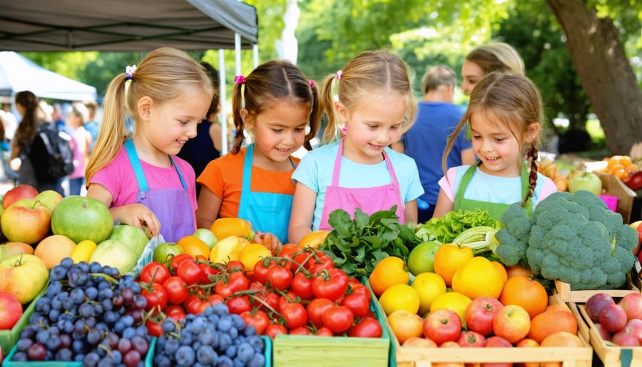 Kindergarten children participating in a Rainbow Food Scavenger Hunt, exploring a vibrant display of colorful fruits and vegetables at a farmers market, guided by an educator.