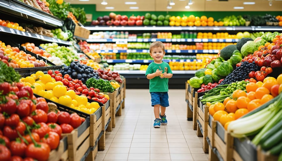 Children excitedly searching for colorful fruits and vegetables in a grocery store