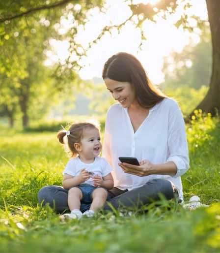 A parent and child sitting cross-legged in a grassy field, smiling at each other, with a phone placed aside, depicting the theme of connection and mindfulness.