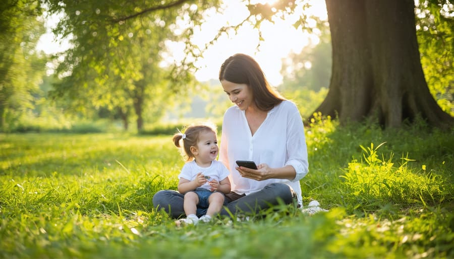 A parent and child sitting cross-legged in a grassy field, smiling at each other, with a phone placed aside, depicting the theme of connection and mindfulness.