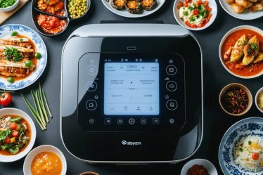 Futuristic smart cooking machine with a digital display surrounded by a variety of vibrant gourmet dishes, showcasing its advanced technology and versatility.