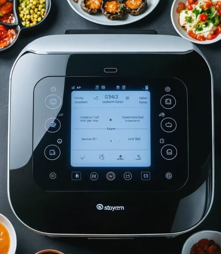 Futuristic smart cooking machine with a digital display surrounded by a variety of vibrant gourmet dishes, showcasing its advanced technology and versatility.