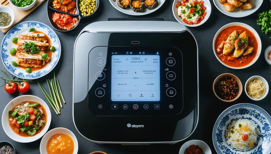 Futuristic smart cooking machine with a digital display surrounded by a variety of vibrant gourmet dishes, showcasing its advanced technology and versatility.