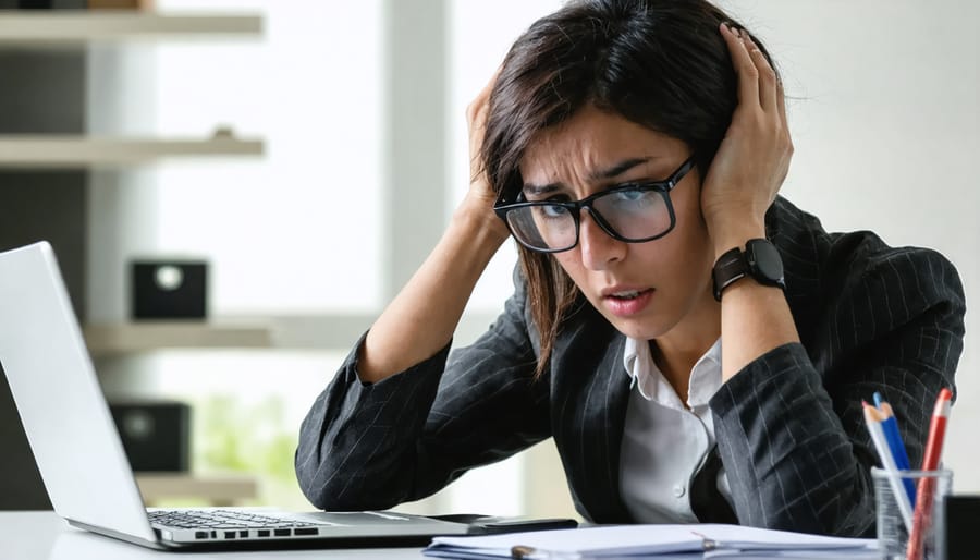 Stressed employee at desk with head in hands