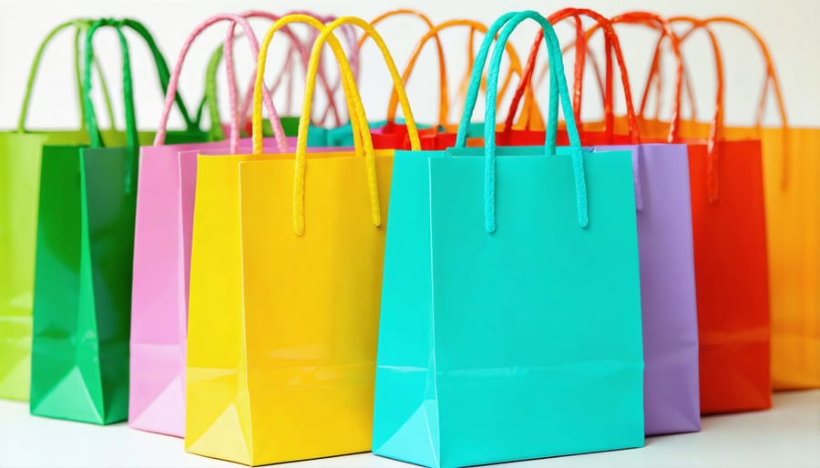 Assortment of attractive reusable shopping bags in different colors and patterns