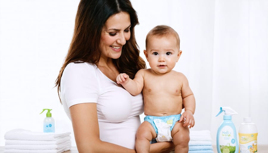 Sustainable parenting essentials including cloth diapers and natural baby care items