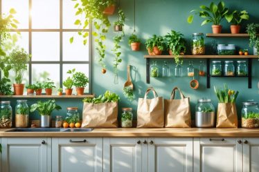 A kitchen featuring eco-friendly elements like reusable shopping bags, glass and stainless steel containers, cloth napkins and towels, and energy-efficient appliances, illuminated by natural sunlight to represent sustainability.