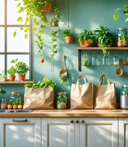 A kitchen featuring eco-friendly elements like reusable shopping bags, glass and stainless steel containers, cloth napkins and towels, and energy-efficient appliances, illuminated by natural sunlight to represent sustainability.