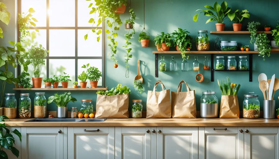 A kitchen featuring eco-friendly elements like reusable shopping bags, glass and stainless steel containers, cloth napkins and towels, and energy-efficient appliances, illuminated by natural sunlight to represent sustainability.