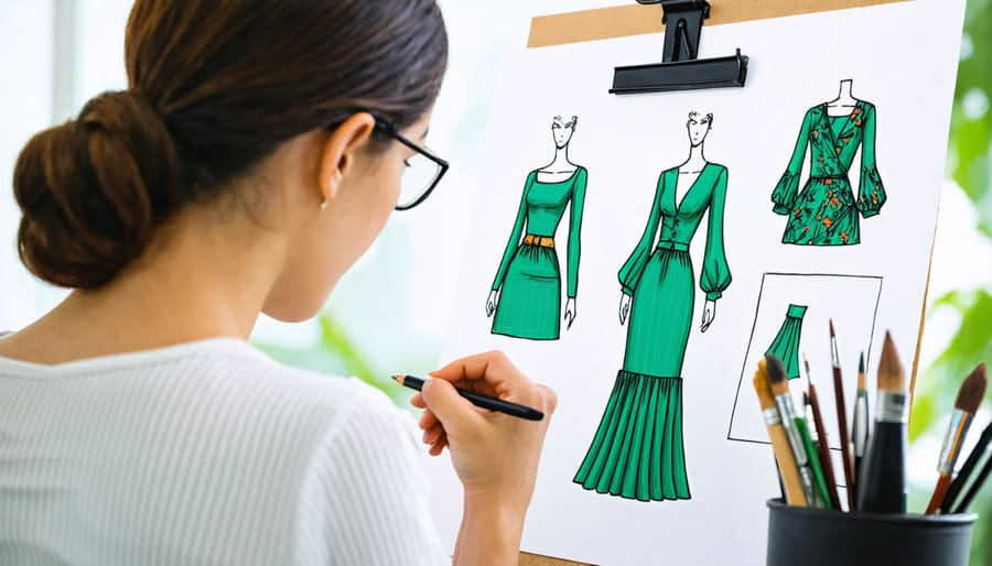 Designer sketching sustainable clothing designs in a studio