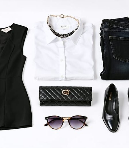 Flat lay of essential fashion items including a black dress, blazer, jeans, white shirt, and statement accessories