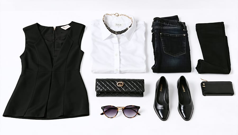 Flat lay of essential fashion items including a black dress, blazer, jeans, white shirt, and statement accessories