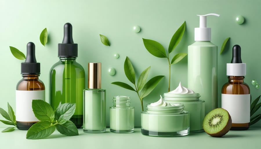 Vegan skincare products with retinol on a green background