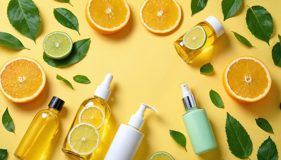 Vitamin C skincare products and citrus fruits flat lay