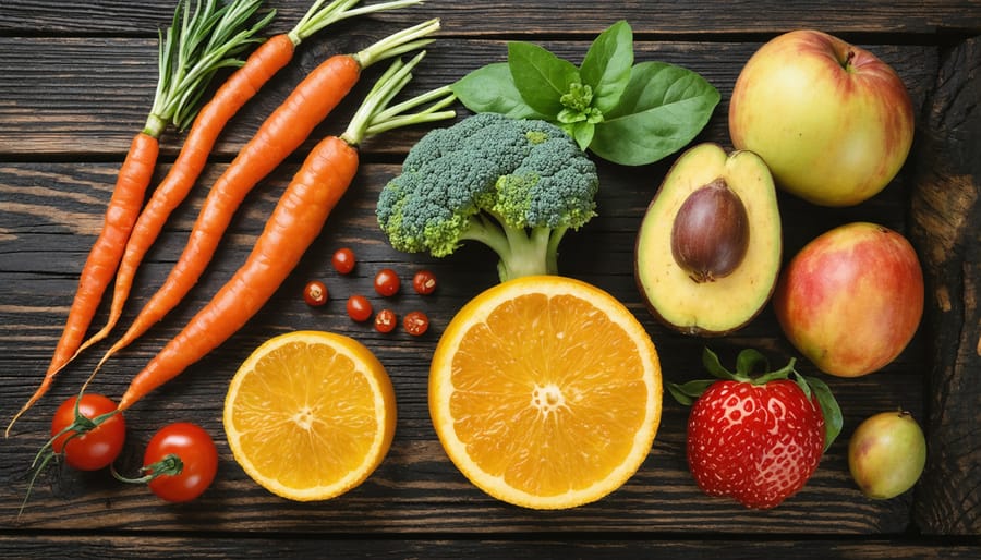 Assortment of fresh fruits, vegetables, nuts, and seeds on a rustic table