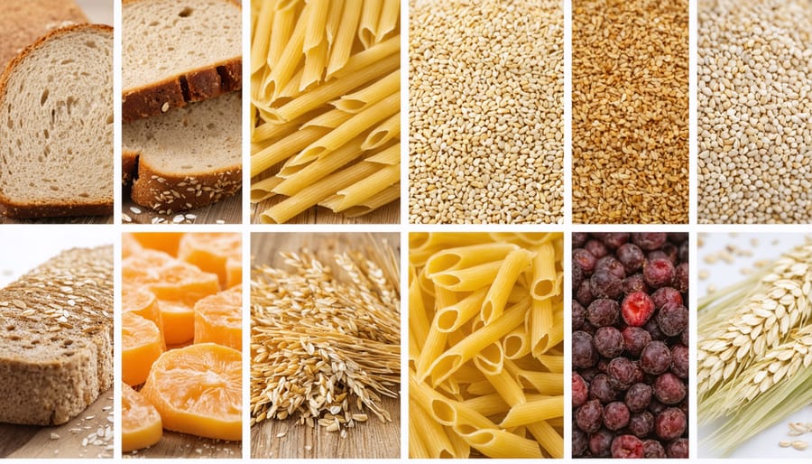 Assortment of healthy whole grain foods on a white background