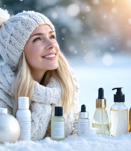 A woman embracing winter with a radiant complexion, surrounded by skincare products in a snowy landscape.