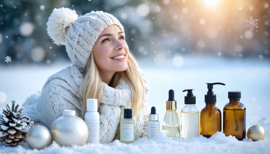 A woman embracing winter with a radiant complexion, surrounded by skincare products in a snowy landscape.