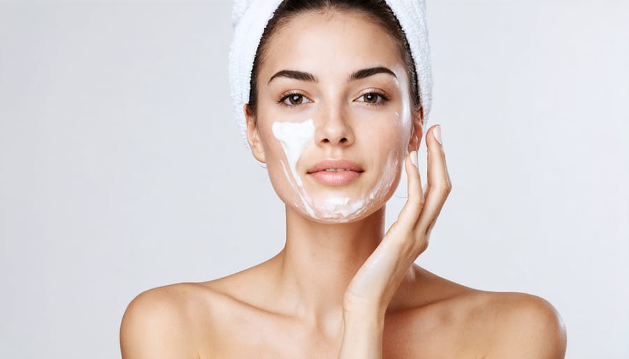 Woman cleansing her face with a hydrating cleanser