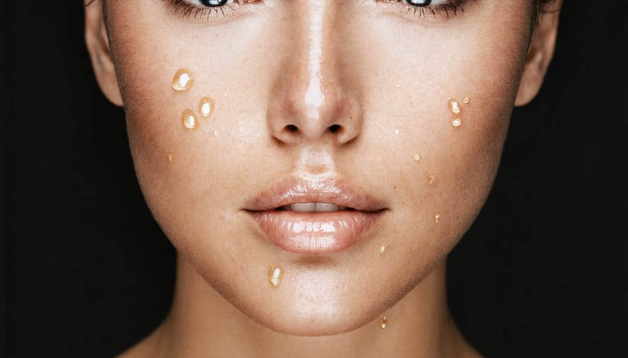 Woman's face with a radiant complexion after applying facial oil