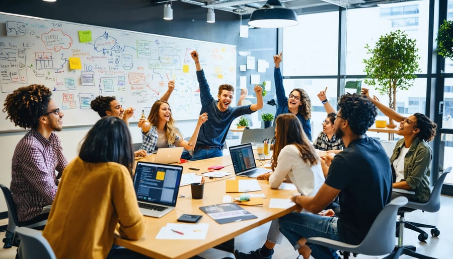 Young entrepreneurs at Yale collaborating in a creative workspace, symbolizing the innovative spirit fostered by the Yale Entrepreneurship Society.