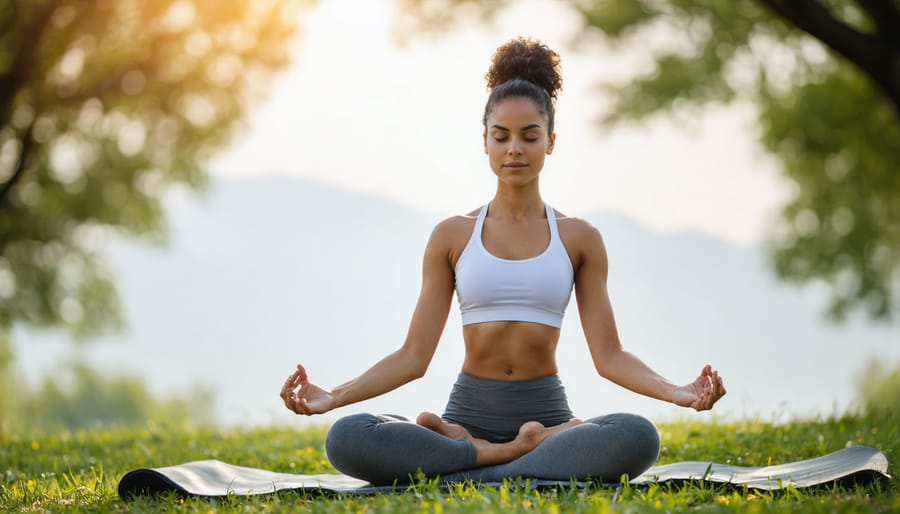 Woman doing a yoga pose on a mat in a park