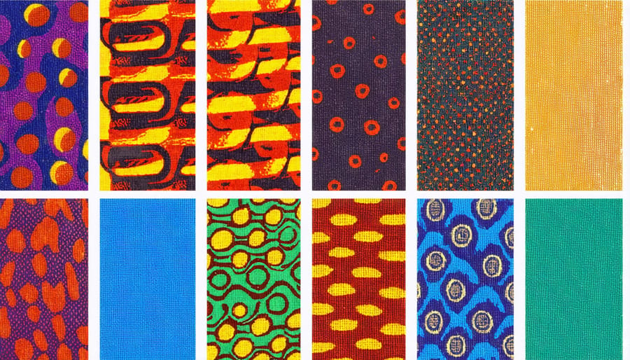 Vintage fabric samples displaying colorful paisley prints, geometric patterns, and velvet textures