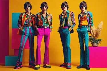 A stylish depiction of 1970s men's fashion featuring model in bell-bottom trousers, platform shoes, and a bold patterned shirt, blending retro elements with modern flair.