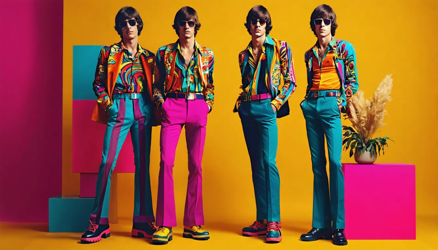 A stylish depiction of 1970s men's fashion featuring model in bell-bottom trousers, platform shoes, and a bold patterned shirt, blending retro elements with modern flair.