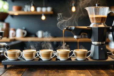 A professional barista setup featuring a pour-over, gooseneck kettle, and various coffee grind sizes, illustrating the craft of achieving barista-quality coffee at home.