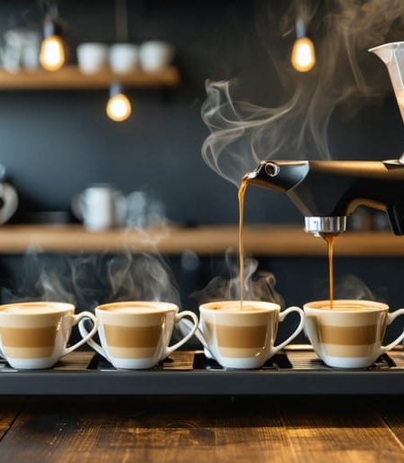 A professional barista setup featuring a pour-over, gooseneck kettle, and various coffee grind sizes, illustrating the craft of achieving barista-quality coffee at home.