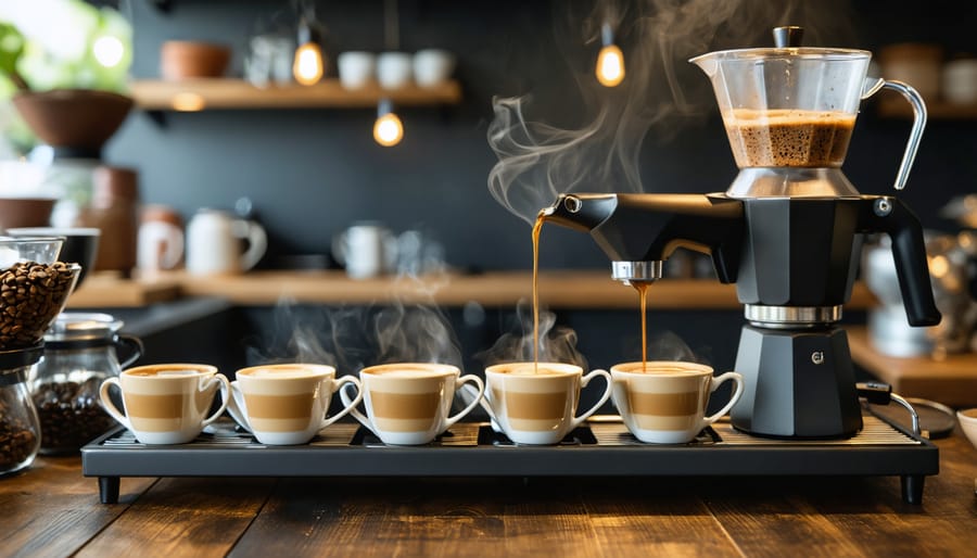 A professional barista setup featuring a pour-over, gooseneck kettle, and various coffee grind sizes, illustrating the craft of achieving barista-quality coffee at home.