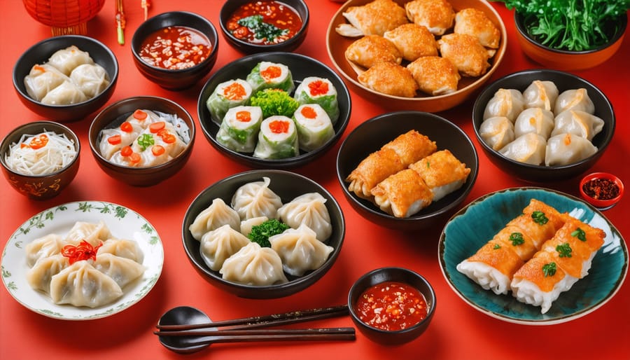 Traditional Chinese New Year feast with lucky foods arranged on red tablecloth with lantern decorations