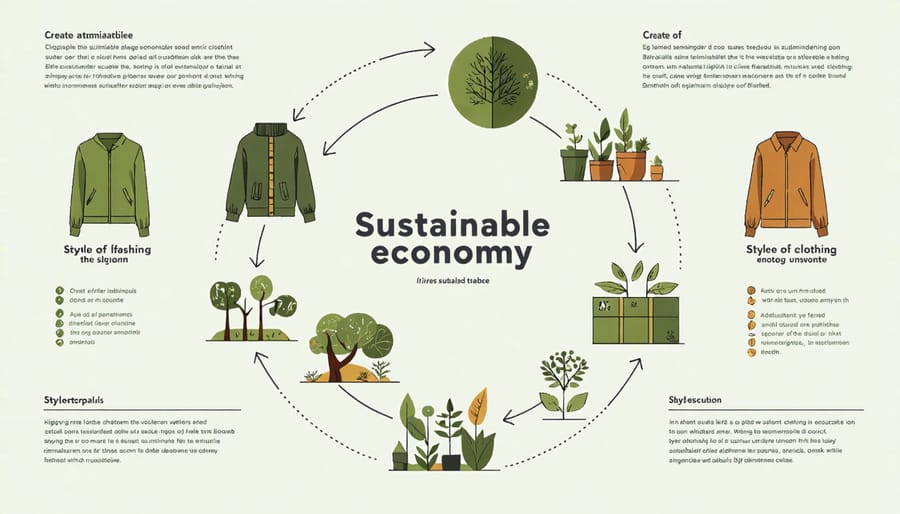 Circular diagram illustrating the lifecycle of sustainable fashion from production to recycling