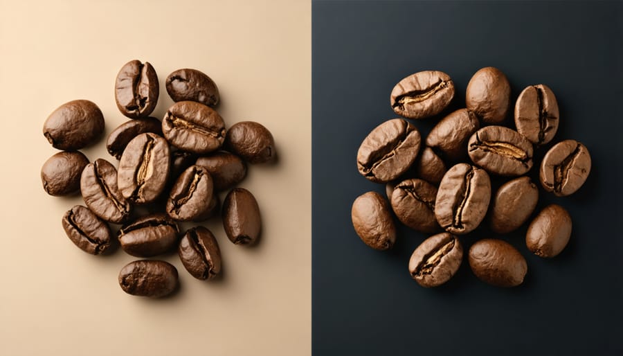 Comparison between fresh, well-stored coffee beans and stale, poorly stored beans