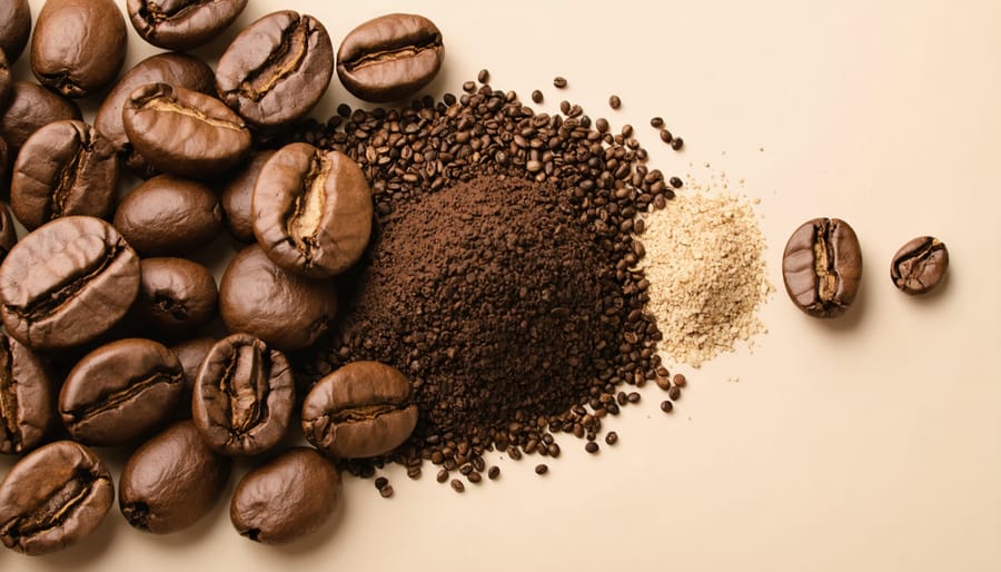 Comparison of coffee grind sizes ranging from coarse French press to fine espresso grinds