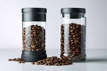 A side-by-side illustration comparing fresh coffee beans stored in a vacuum-sealed container against stale beans in a clear jar, emphasizing the importance of proper storage.