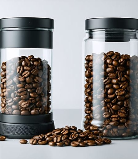 A side-by-side illustration comparing fresh coffee beans stored in a vacuum-sealed container against stale beans in a clear jar, emphasizing the importance of proper storage.