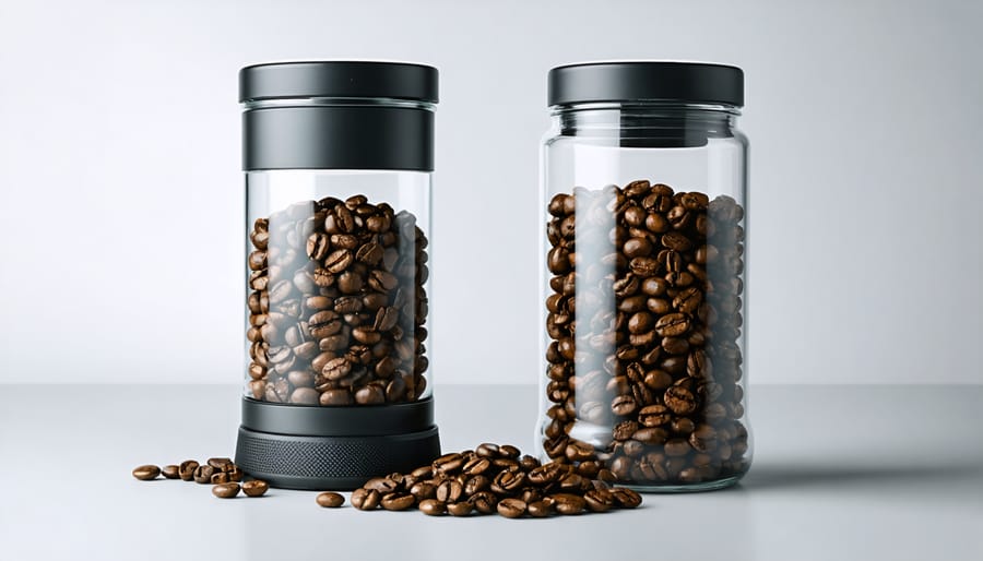 A side-by-side illustration comparing fresh coffee beans stored in a vacuum-sealed container against stale beans in a clear jar, emphasizing the importance of proper storage.