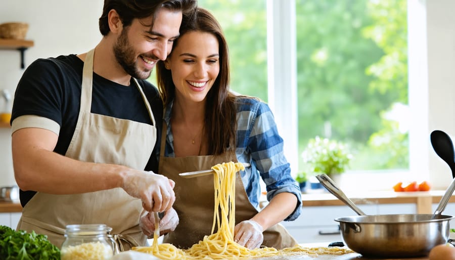 Couple smiling while learning to make fresh pasta in a cooking class