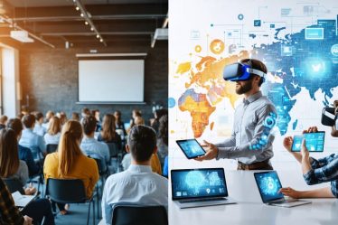 Split-screen depicting traditional classroom versus modern digital corporate training environments, highlighting interactive VR and AI-powered tools.