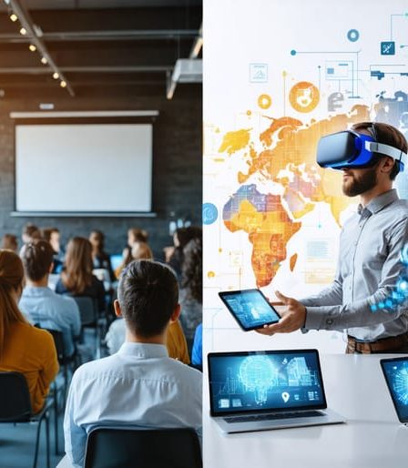 Split-screen depicting traditional classroom versus modern digital corporate training environments, highlighting interactive VR and AI-powered tools.