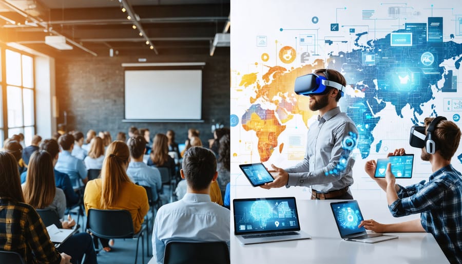 Split-screen depicting traditional classroom versus modern digital corporate training environments, highlighting interactive VR and AI-powered tools.