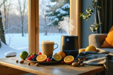 A warm indoor setting with a snowy window view, featuring a humidifier, warm drink, and winter superfoods on a table, symbolizing a holistic approach to winter wellness.